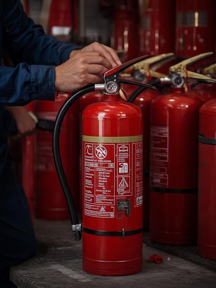 Technicien effectuant la maintenance d'un extincteur